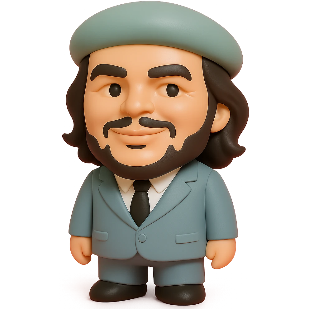 Che Guevara in a suit and tie, oversized head, confident smile, vinyl figure style emoji