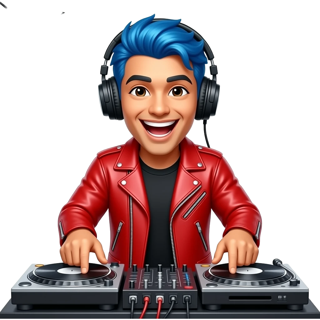 mexican male blue hair Dj with red jacket, headphones , laughing emoji