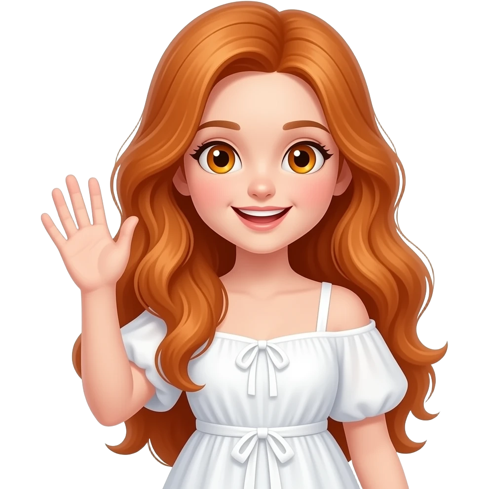girl with long ginger hair and ginger eyes wearing a dress says hi emoji