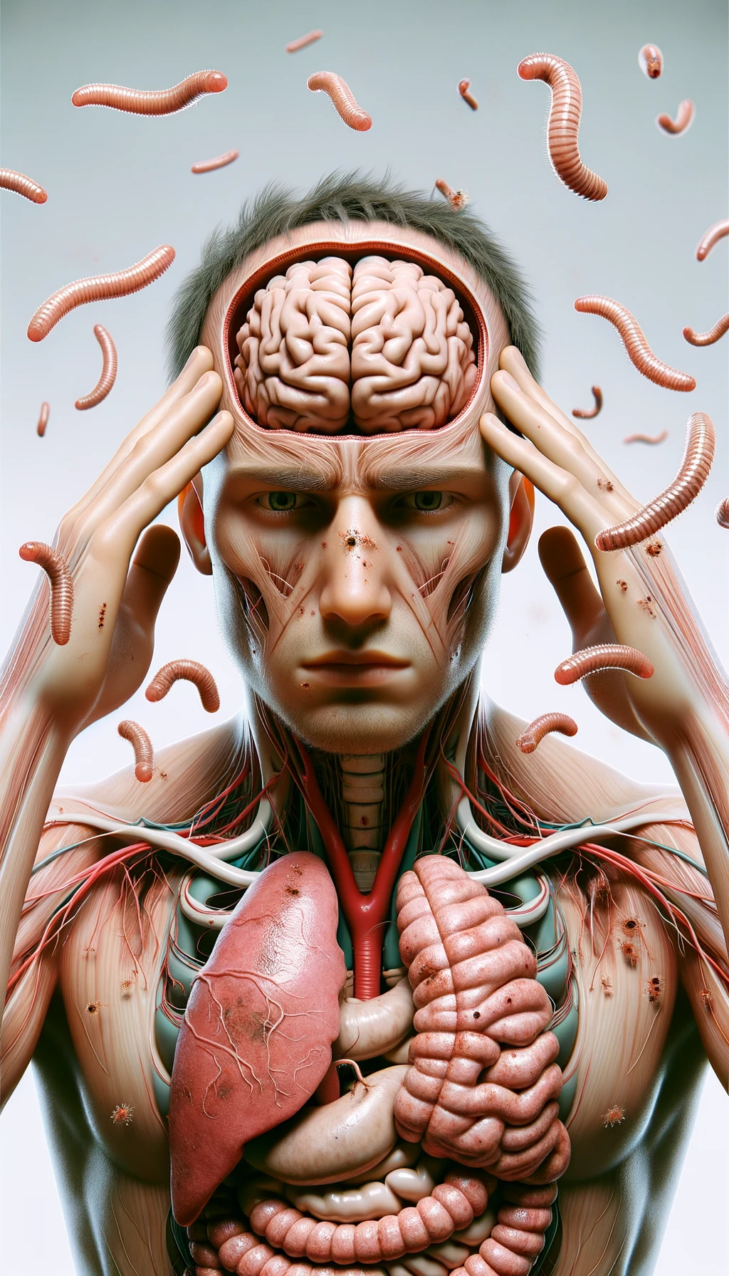 CORPO UMANO ANATOMICO CON MANI SULLE TEMPIE STRESSATO, INTORNO A LUI FLUTTUANO PARASSITI COME LA TENIA, INTESTINO E CERVELLO ANATOMICI IN EVIDENZA, SFONDO CHIARO NEUTRO, IPERREALISTICO 4K emoji
