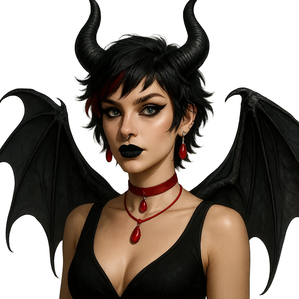 light skin tone goddess Lilith with short shaggy black hair with red streaks, Maleficent-style horns, black bat wings, wearing a black low-cut dress, red drop earrings, red drop choker necklace, blue eyes, dramatic cat-eye eyeliner, black lipstick, silver nose ring, septum ring, lip ring, and three ear piercings in each visible ear, fantasy portrait emoji