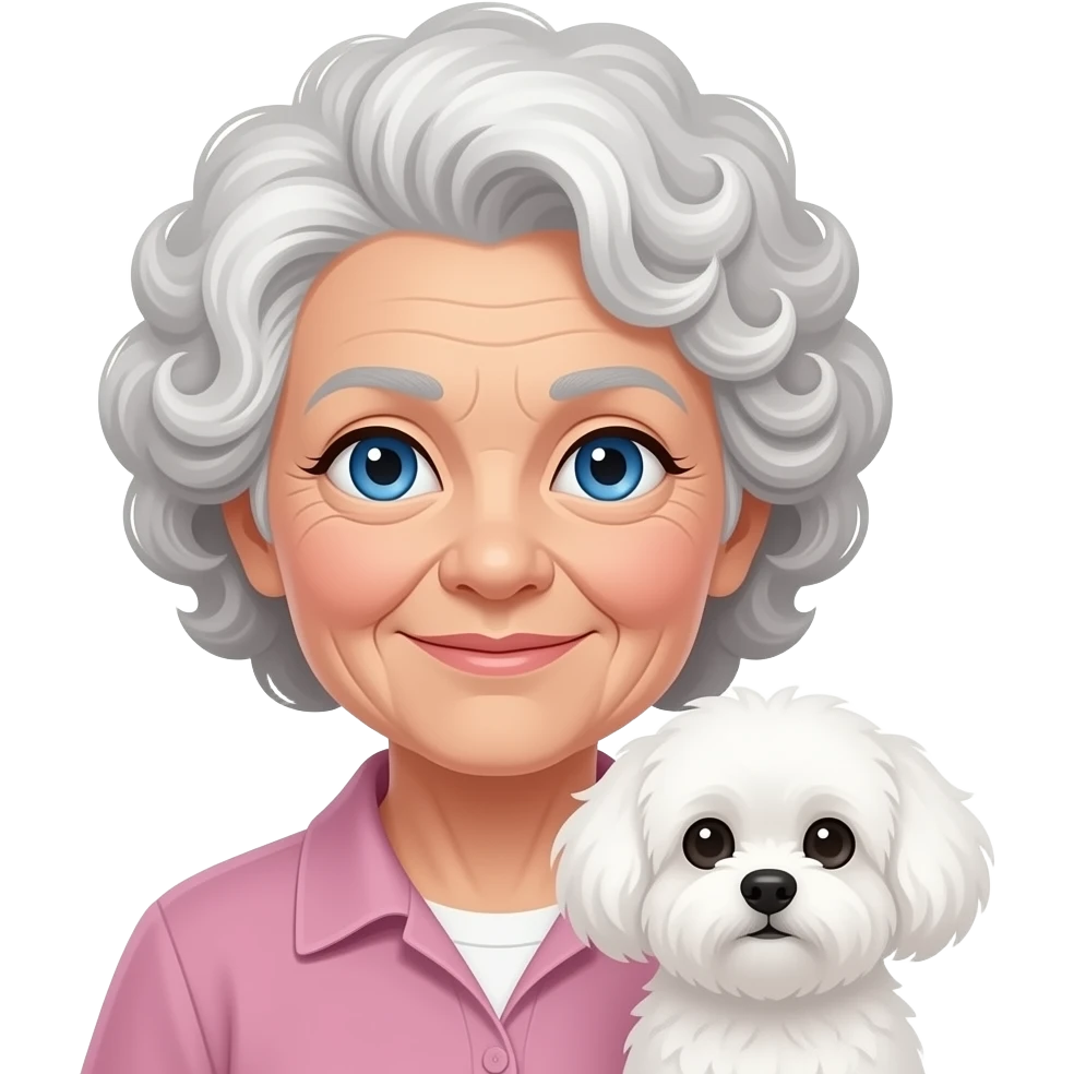 Elderly woman blue eyes very curly hair with maltese dog emoji
