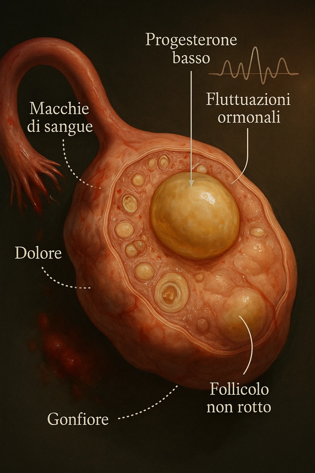 realistic and cinematic illustration of an ovary with an unruptured follicle, low progesterone, hormonal fluctuations, symptoms of spotting, pain and swelling, clinical details, captions in Italian emoji