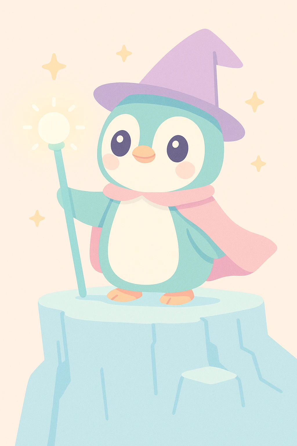 a heroic penguin wizard with a flowing cape, standing on an icy cliff, staff glowing emoji