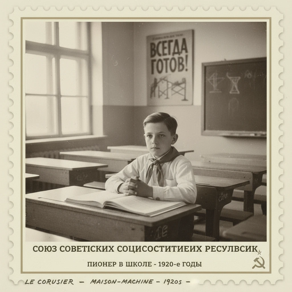 Марка на которой изображен пионер за партой в школе. СССР 1920-е годы.

Стиль марки такой же, как на прикрепленном фото emoji