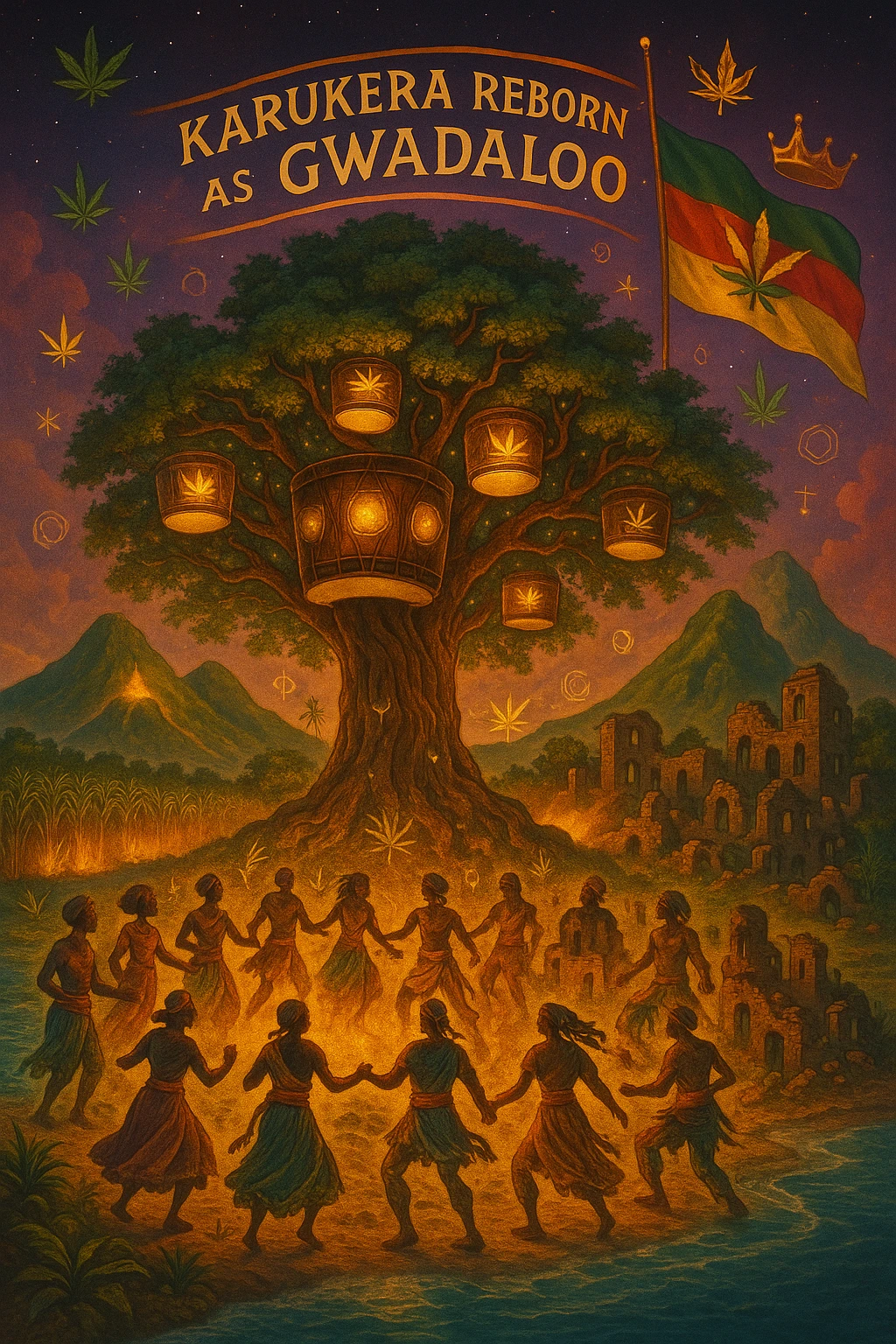 Create a powerful, surreal vision of the Caribbean island Guadeloupe, reimagined as ‘Guadeloupe' — its sacred, sovereign identity restored. The island is lush, tropical, and volcanic, with two green volcanoes glowing golden at the peaks. In the center stands a giant mystical Drum Tree, its branches bearing carved drums instead of fruit, glowing with rhythmic light. Ancestral spirits of African and indigenous lineage dance in a circle around the tree, surrounded by floating ganja leaves and sacred symbols. Sugarcane fields burn gently in the background, symbolizing the end of colonial suffering. Ruins of colonial buildings crumble into the earth, reclaimed by vines and jungle. Above the island, a glowing banner in the sky reads: ‘Karukera reborn as Gwadaloo.’ A ganja-leaf flag waves high in red, green, and gold, and a golden Creole crown floats in the sky above the island — not worn by any man, but held in rhythm. The ocean is turquoise, the light is divine, and the entire scene radiates spiritual victory, cultural remembrance, and cosmic rhythm. Use a warm, cinematic palette of golds, greens, blues, and purples. Style should feel epic, sacred, and symbolic — a rebirth of Caribbean power. emoji