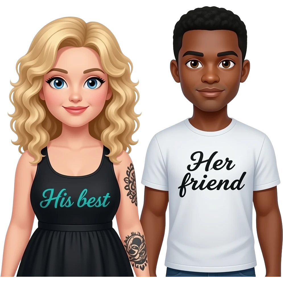 Plus size girl, Blonde curly hair, blue eyes, black tattoos on right lower arm, wearing no sleeve black summer dress saying “His best” written in teal cursive writing & African American man with black hair, brown eyes, NO facial hair, saying “Her friend“  on his shirt emoji