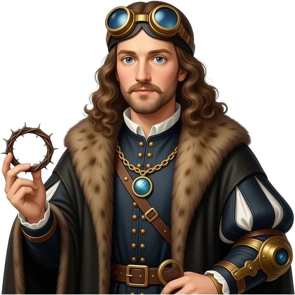 steampunk - en face penetrating balanced Albrecht Dürer Renaissance self-portrait with long curly hair in a cloak with a fur collar, in Renaissance dress, holding a crown of thorns with his left hand emoji