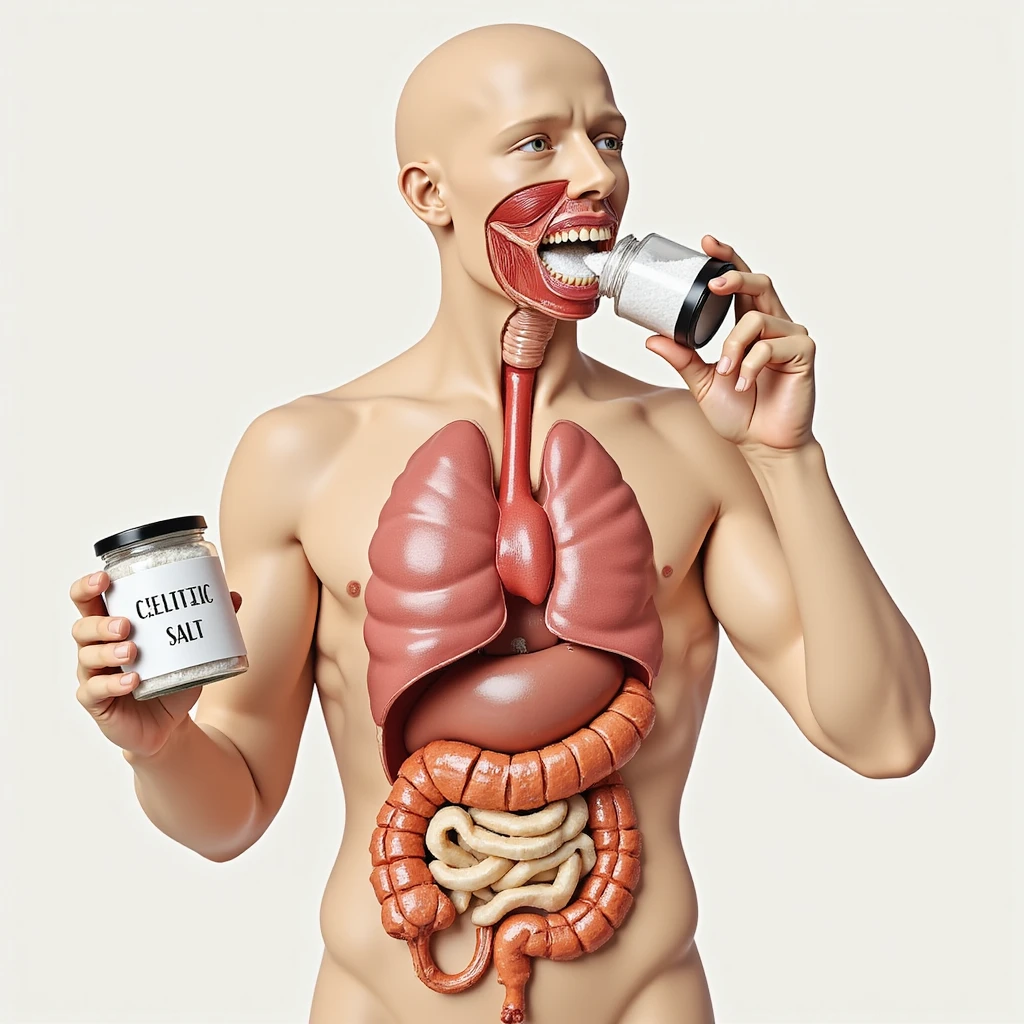 ultra-detailed, hyperrealistic 4K medical illustration of a human body with a jar labeled 'CELTIC SALT', throwing salt into his mouth at breakfast, neutral clear background emoji