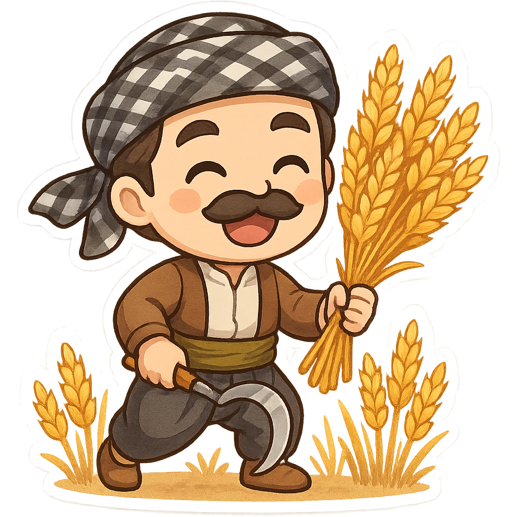 cartoon sticker of a Kurdish man wearing traditional clothes, happily harvesting wheat with a sickle (traditional tool), colorful and cheerful, no text, suitable for WhatsApp and Instagram, transparent background emoji