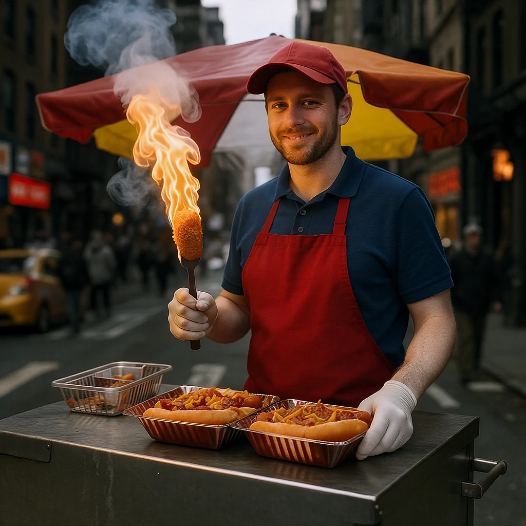 hotdog seller in New York with cart emoji