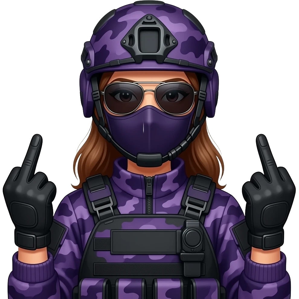Woman in large black aviator sunglasses dark purple camoflage tactical gear helmet and mask giving the finger two times in black gloves emoji