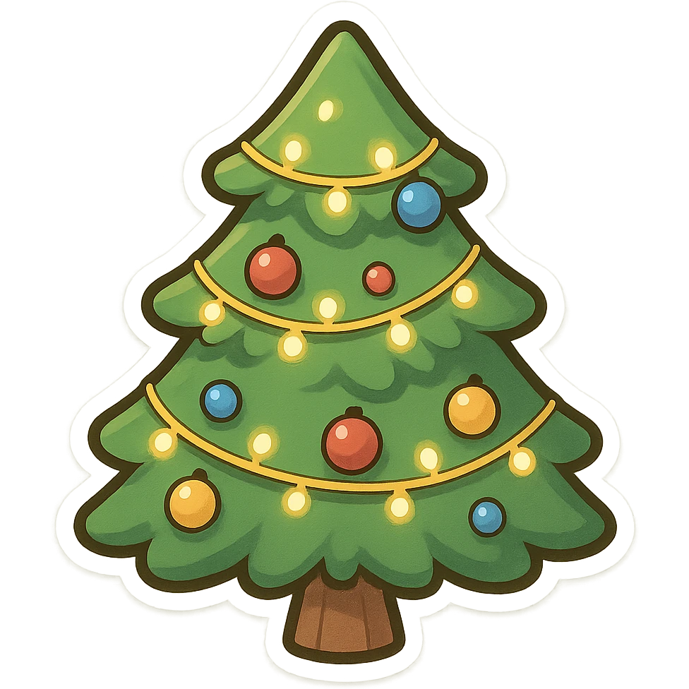 一棵圣诞树，上面挂满了彩球，围绕着一层层的串灯 emoji