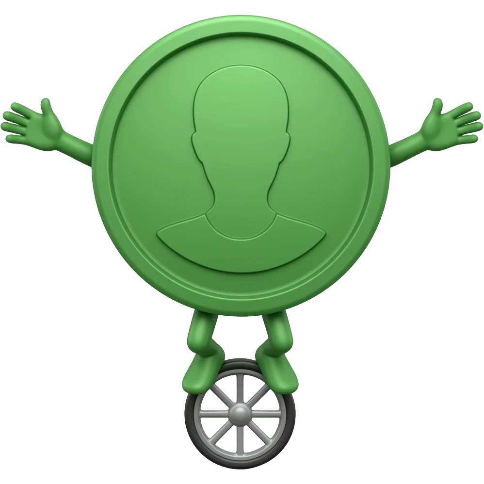 Tek teker üzerinde dengede durmaya çalışan, kolu ve bacakları olan bir yeşil düz kağıt para emoji