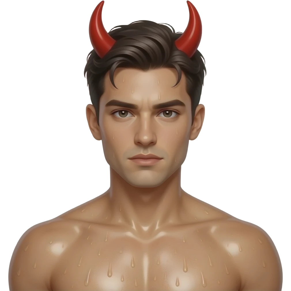 Ein sexy Mann ohne Shirt, feuchter und glänzender Haut. Sein Blick soll verführerisch sein und er hat roter Teug Hörner auf dem Kopf emoji