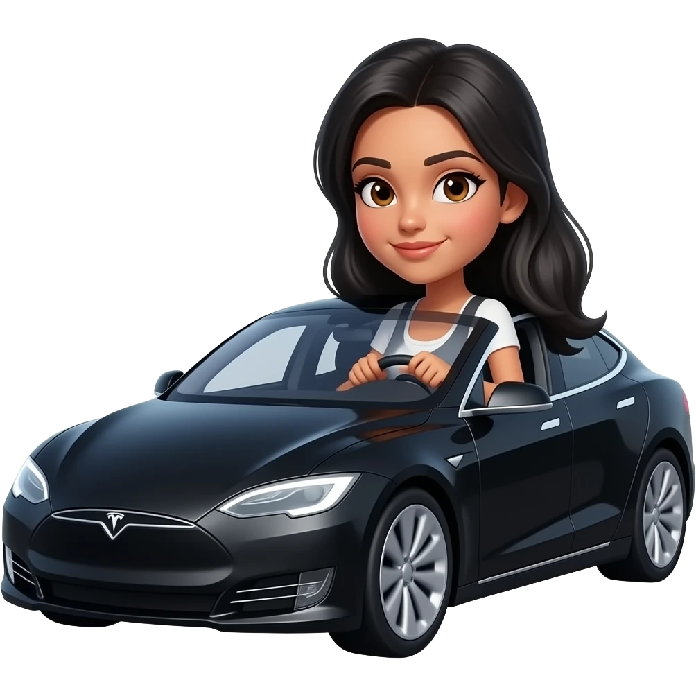 ligh medium skin tone sassy girl with long black hair and brown eyes driving black tesla fast emoji