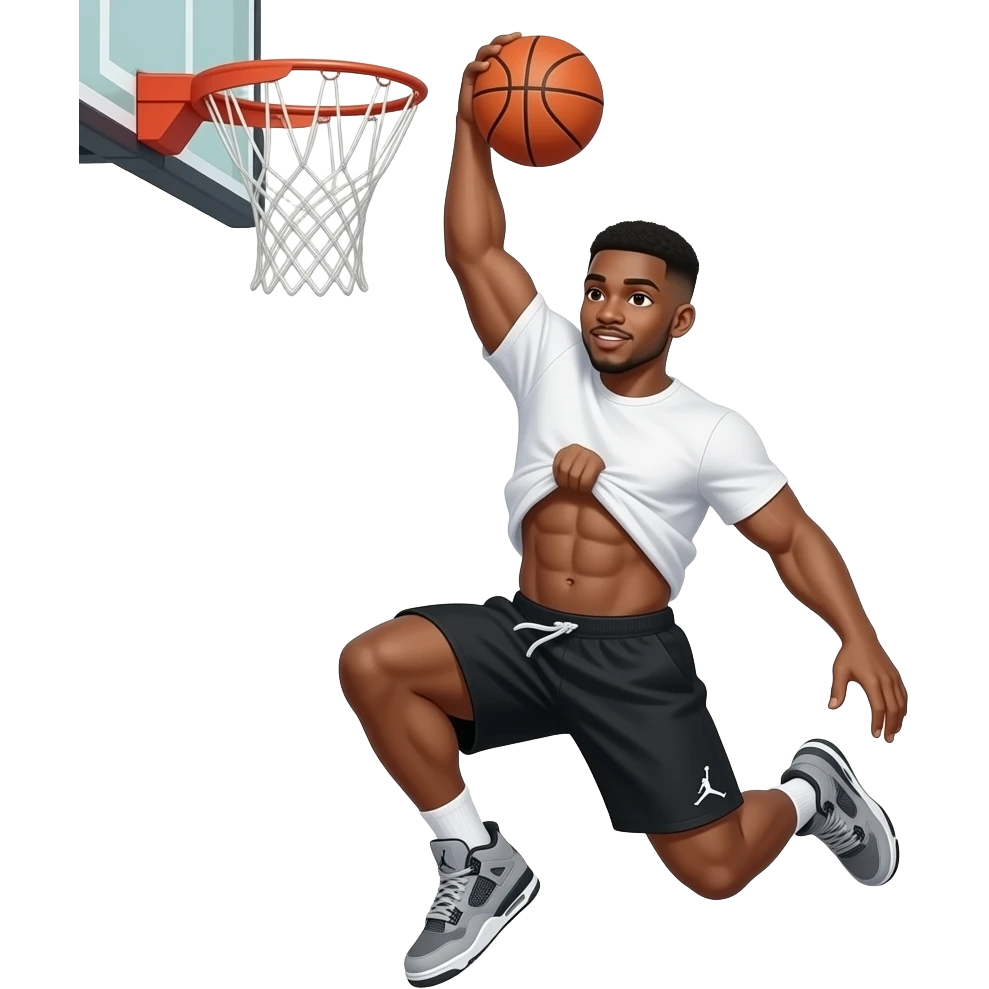 make a 20 year old man black skinned low taper fade in a white t shirt black jordan shorts and grey jordan 4’s and he is going up for a dunk and you can see so many abs on him while his shirt is getting lifted by the air and his muscles are so big emoji