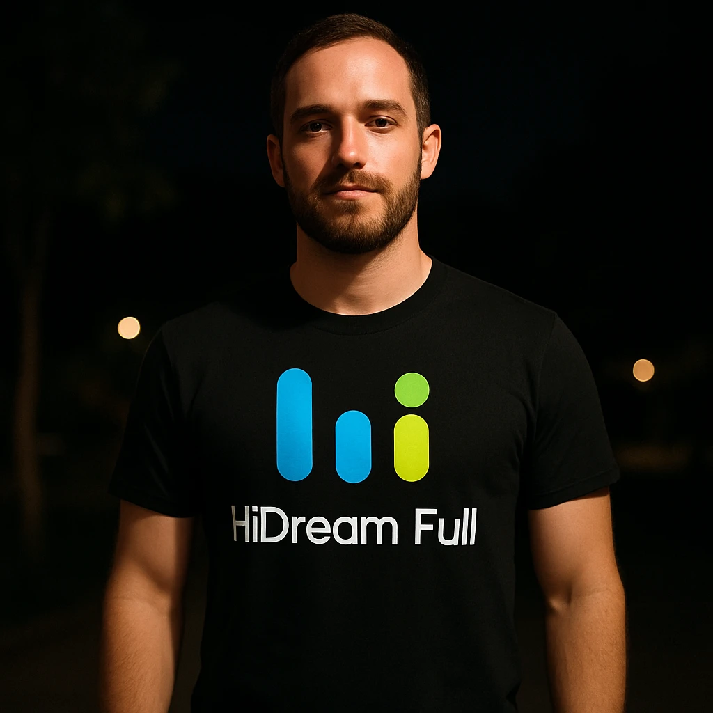 man wearing tshirt with this logo, dark night background with dim lights emoji