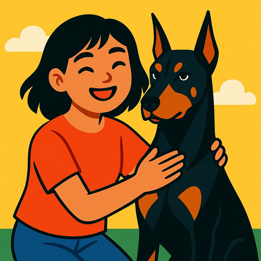 A medium black hair Asian girl holding a Doberman emoji