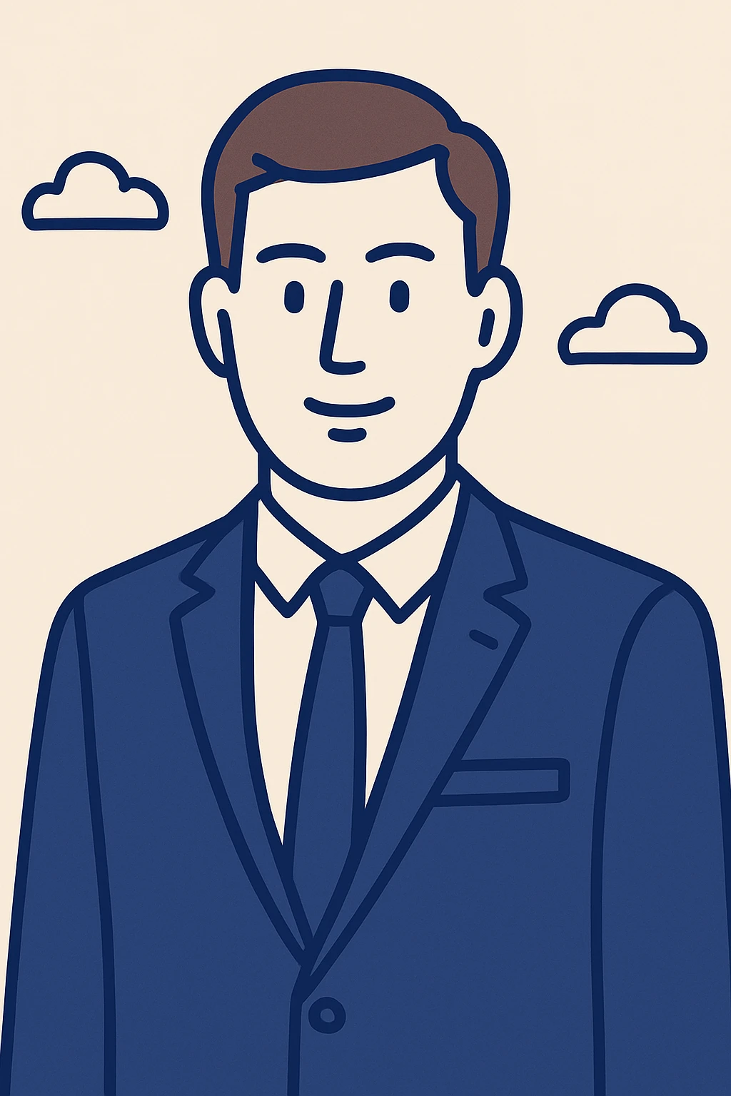Make the professional looking white pale man with brown hair smile, keep suit and tie, clean and modern illustration style, flat blue style. emoji