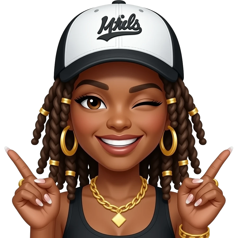 girl wearing a black & white trucker cap plain dreads,curly ends, gold hair charms & accessories. big sneaky smile eyes closed winking, long nails French manicure giving baddie vibes emoji