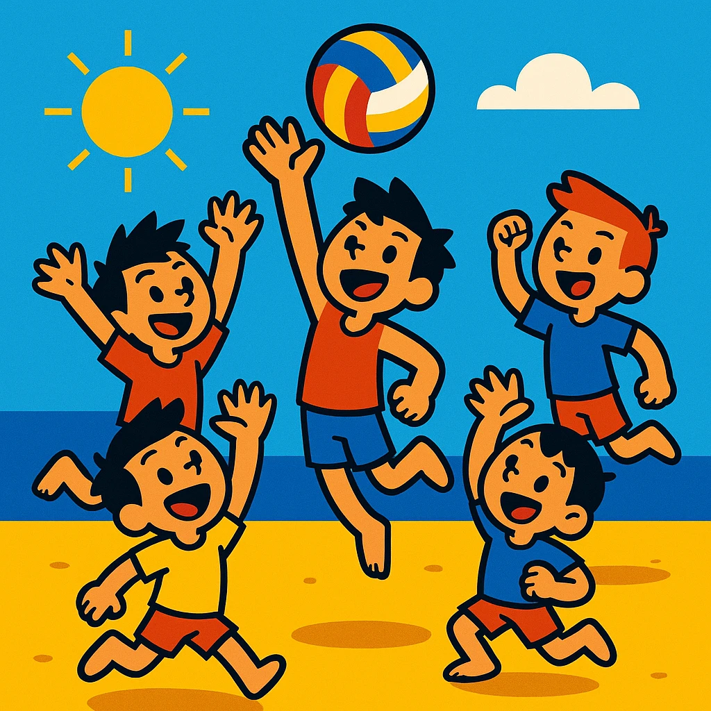 group of boys jumping and hitting a volleyball on the beach on a sunny day emoji