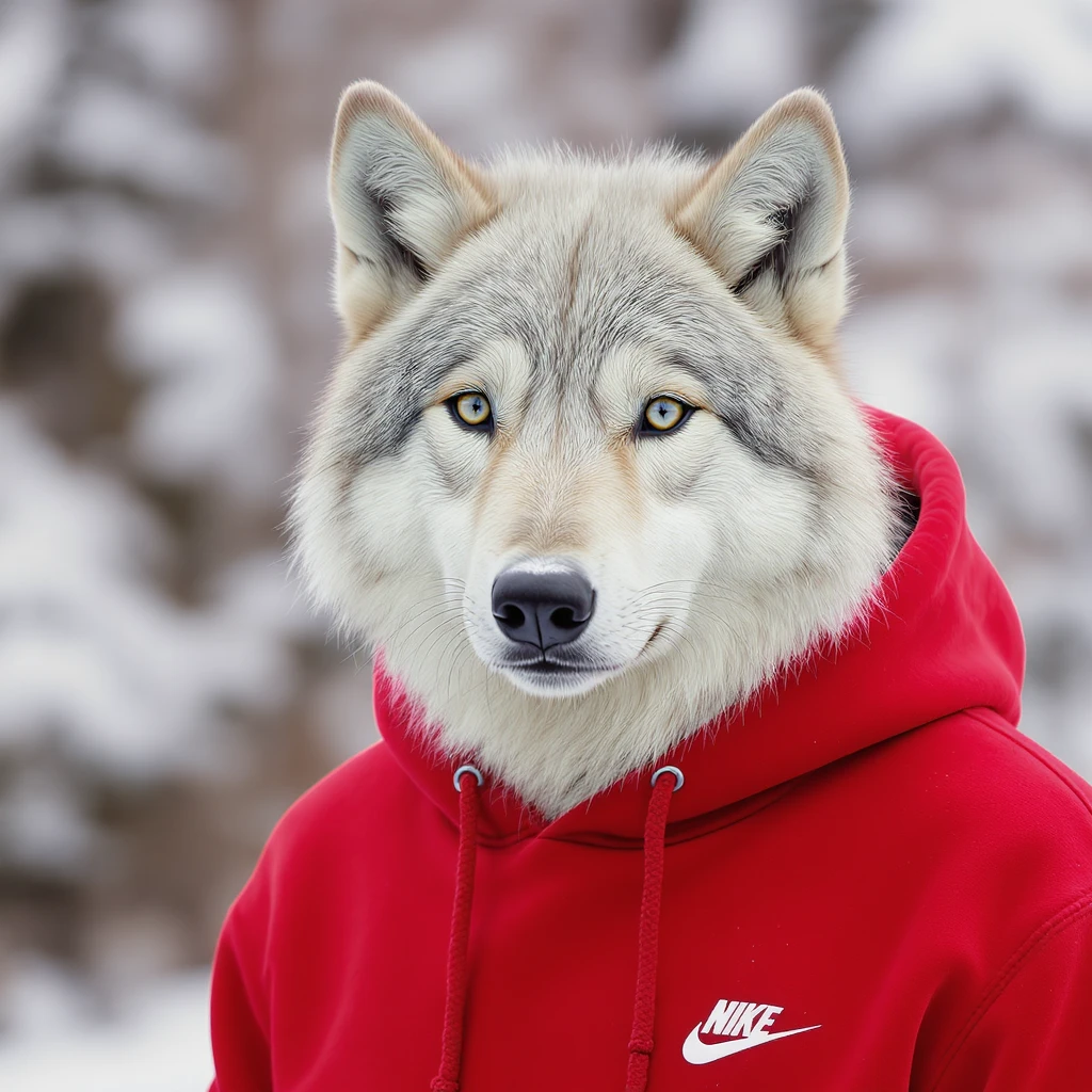 realistic white wolf wearing a red hoodie, detailed fur, natural pose, clean background emoji