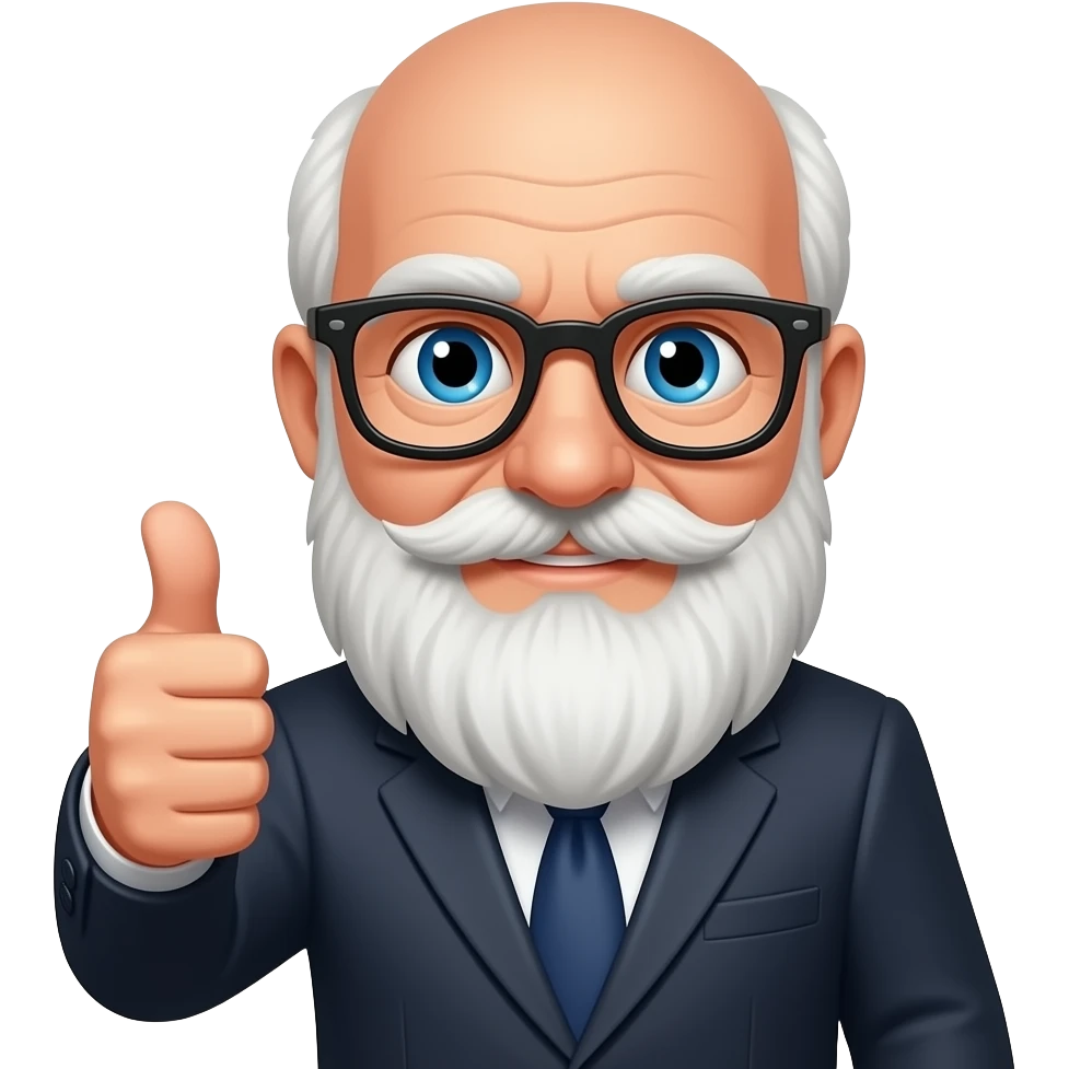 old bald man with white beard, blue eyes, black glasses, thumbs up emoji