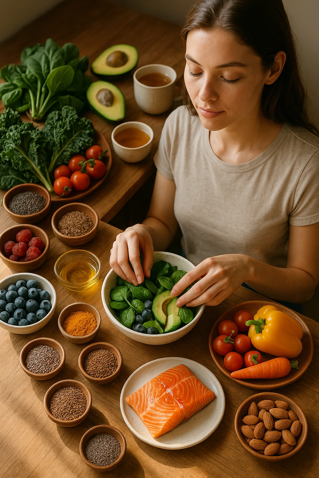 A realistic, cinematic flat-lay image of a clean wooden kitchen table filled with fresh, colorful whole foods known to help reduce androgen excess naturally. The table includes leafy greens like spinach and kale, avocados, berries, colorful vegetables, nuts, seeds (chia and flaxseeds), wild-caught salmon, and herbal teas, carefully arranged in an aesthetically pleasing, organized manner. A small glass bowl with olive oil and another with turmeric powder are included, emphasizing anti-inflammatory properties. In the scene, a young woman with clear, healthy skin and a calm expression is preparing a bowl with these ingredients, symbolizing a hormone-balancing diet. Warm, natural daylight streams in, creating a cozy and inviting atmosphere. The style is hyper-realistic 35mm photography, with vibrant yet soft colors, showcasing textures of the fresh produce and the peaceful vibe of using nutrition to support hormonal balance emoji