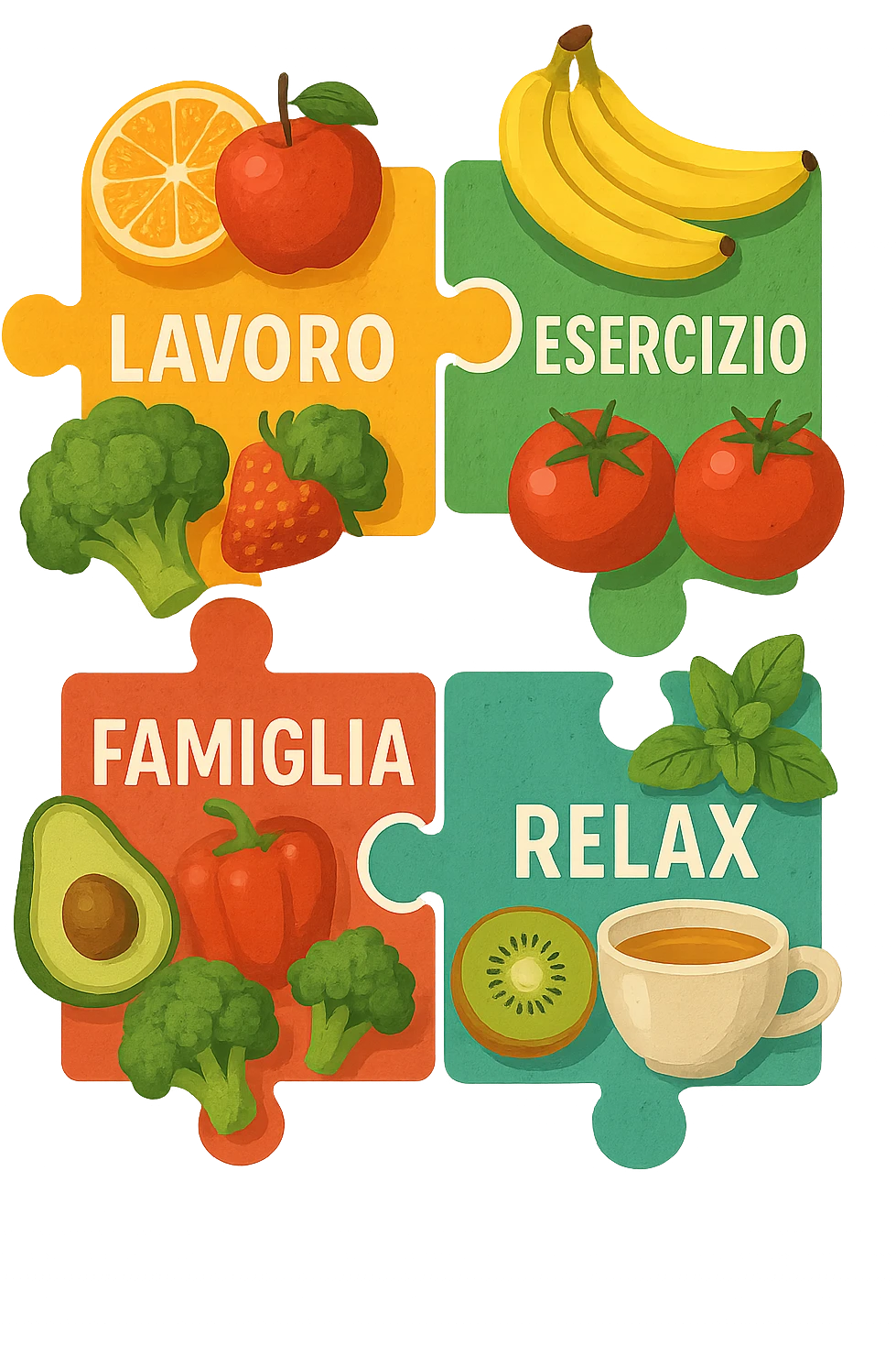 Puzzle (Lavoro, Esercizio, Famiglia, Relax), and healthy foods are integrated into each piece. in italiano emoji