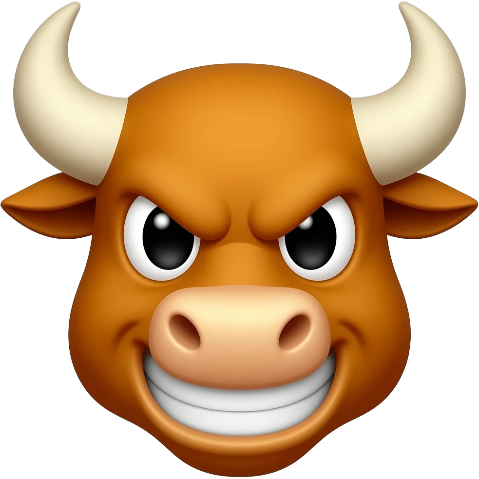 Bull's Tavern: 3D emoji style, glossy surface, soft shadows, white background, centered, no text, angry bull character, confident smirk, amber color emoji