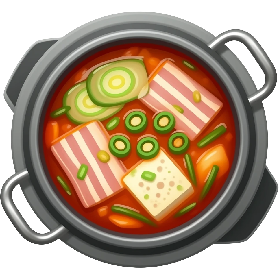 cute korean kimchi stew emoji, bubbling kimchi jjigae in a small pot with tofu, pork slices and green onions, red spicy broth, kawaii food style, simple emoji design, sticker style, transparent background emoji