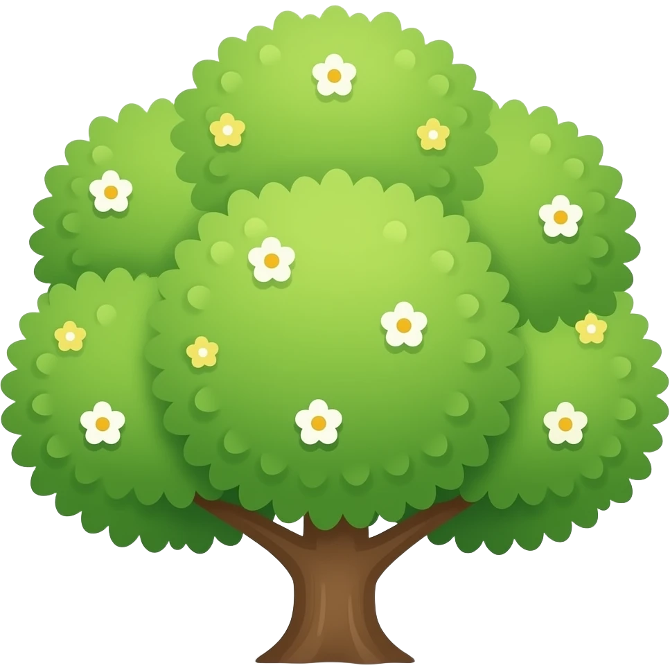 Apple-style blooming tree, round soft green canopy. No pot, no ground — only the tree. Small white and yellow flowers inside the leaves. Flat 2D vector, clean shapes, no gradients. emoji
