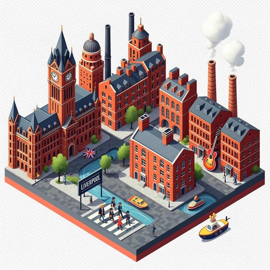 Isometric illustration of Manchester and Liverpool combined, Beatles references (Abbey Road sign), Manchester Town Hall, a Union Jack guitar and brick building in a miniature, toy-style factories, balanced between stylized painting and realistic,  transparent background emoji