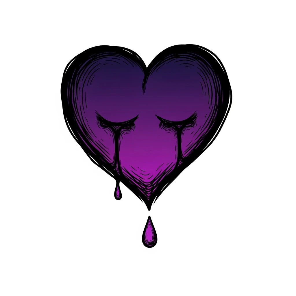 emo heart, black outline, purple and black gradient, teardrop, dramatic shadows emoji
