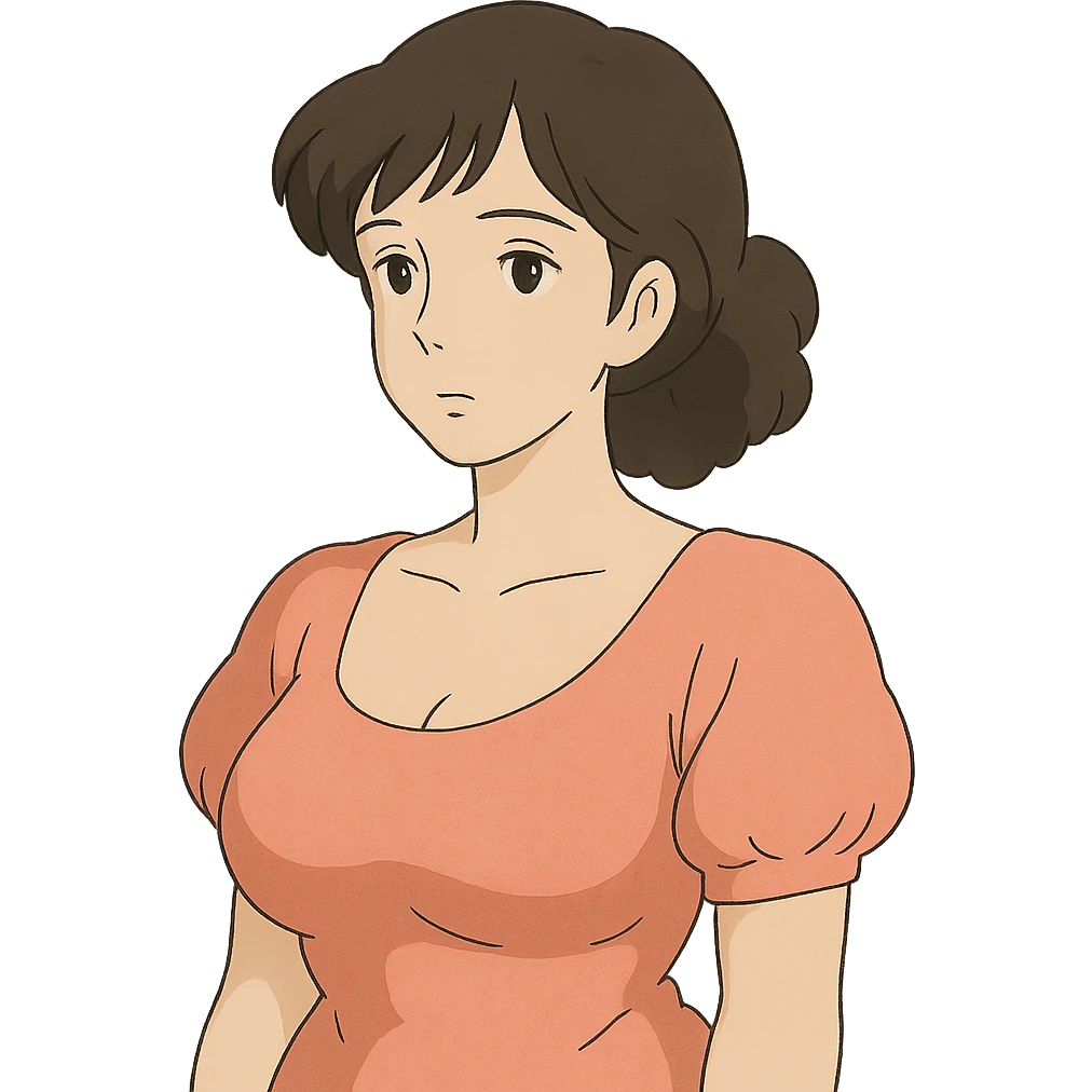 una mujer con mucho busto, colores suaves, expresión tranquila, sin fondo emoji