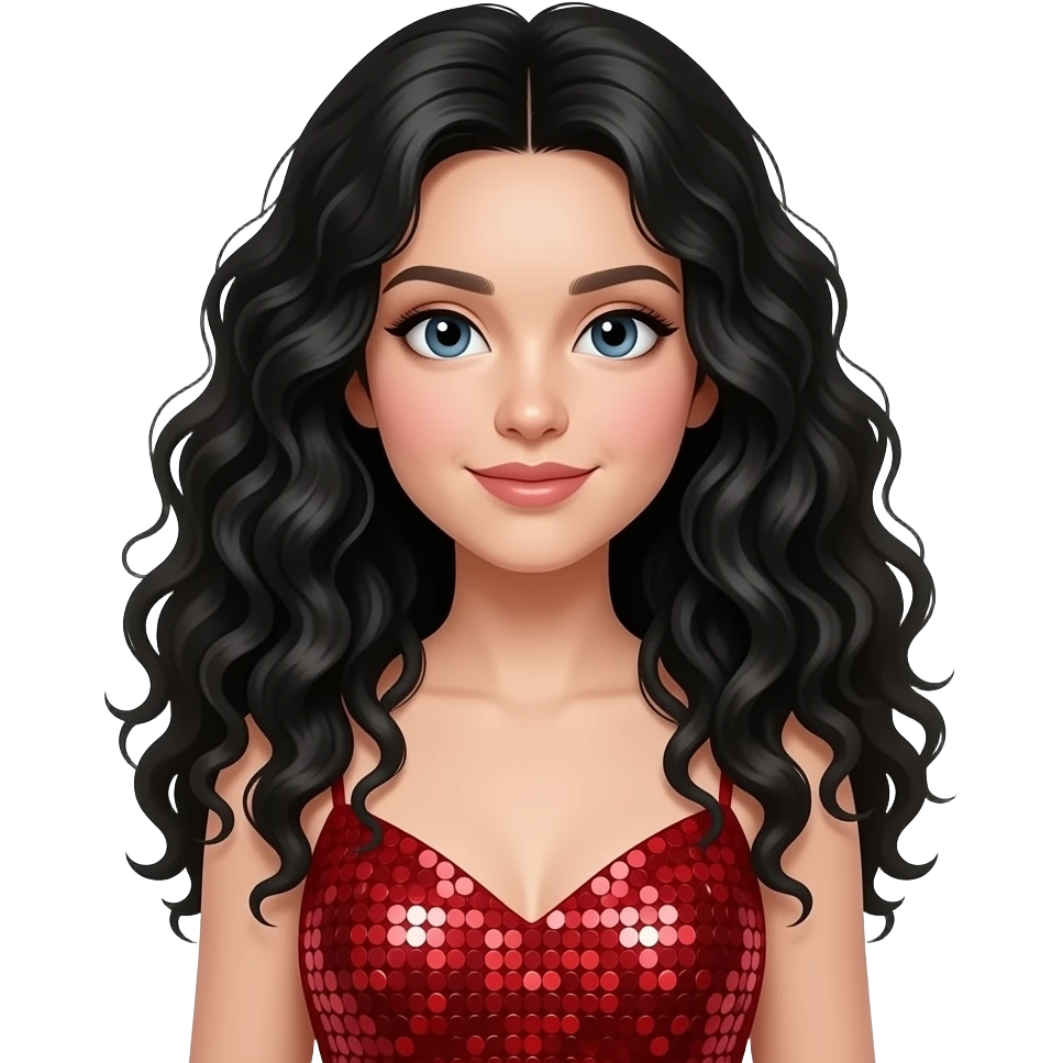 Fille au cheuveux long bouclé noir avec une robe a paillettes rouge avec la peau clair emoji