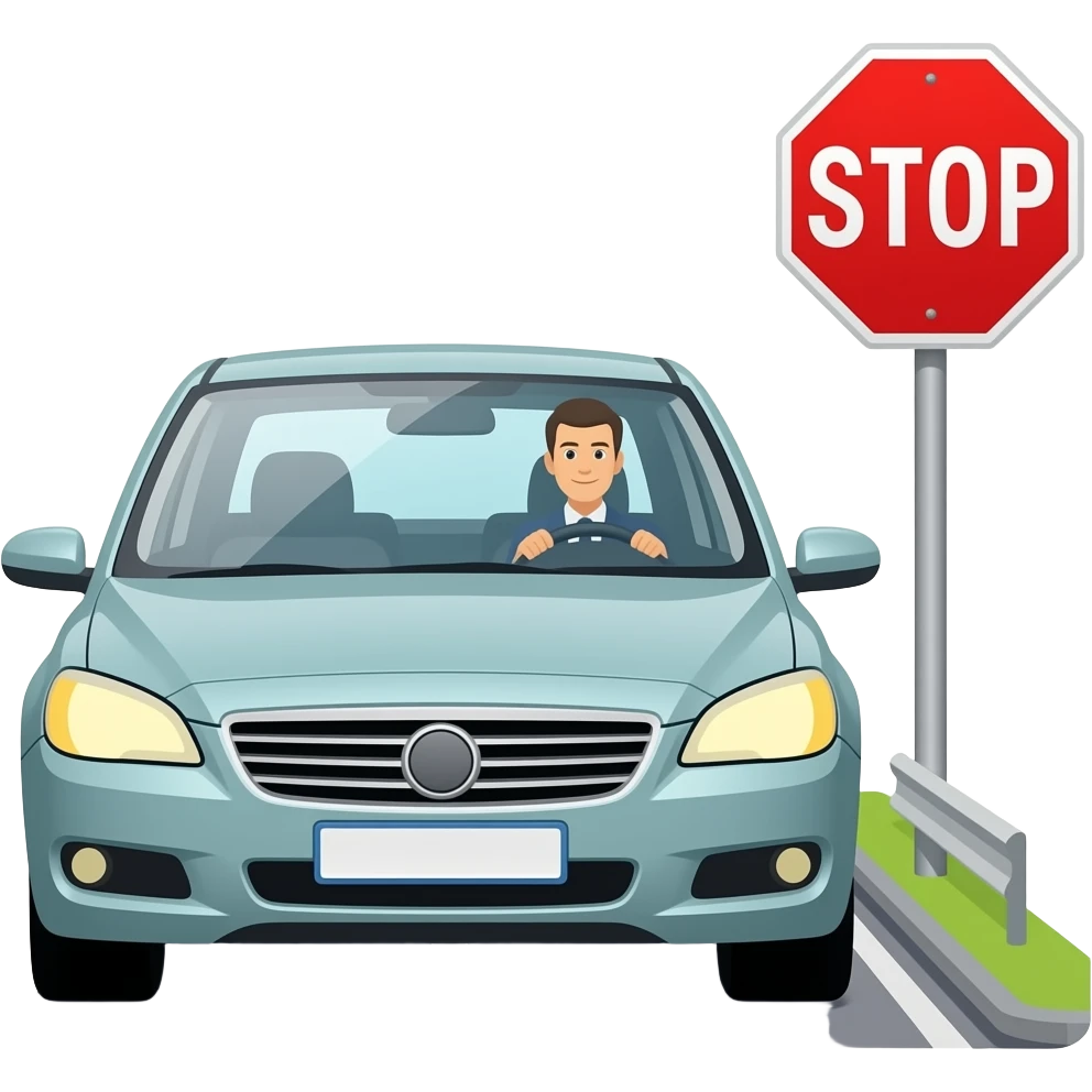 a man is driving a car on a road where there is a sign to stop emoji