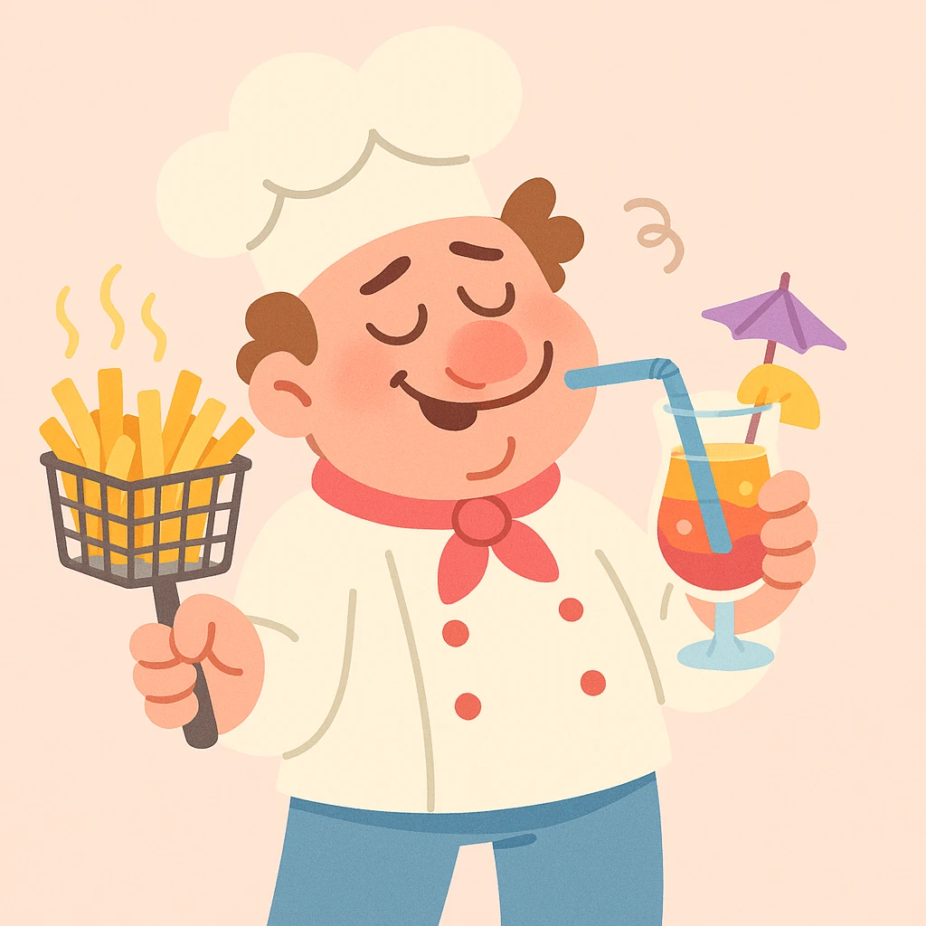 A cartoon drunk chef, holding a fryer basket of hot fries, sipping a colorful mocktail, chef outfit, whimsical, pastel toon style emoji