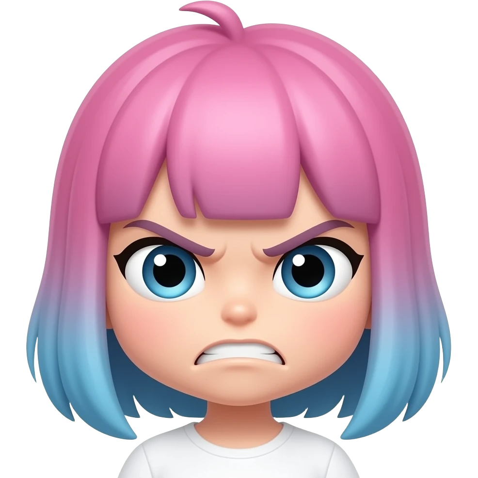 Can you make a chibi girl that has pink and blue hair and has a angry face emoji