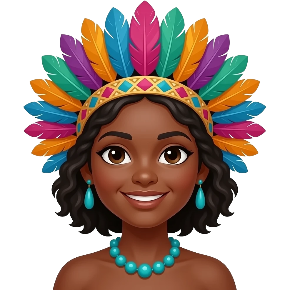 Indigenous African woman  black skin with a very color feather headdress smiling softly with turquoise beaded necklace emoji