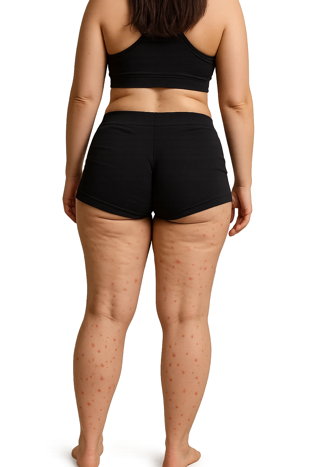 donna di schiena in gym shorts con cellulite e red spot sparsi sulle gambe emoji