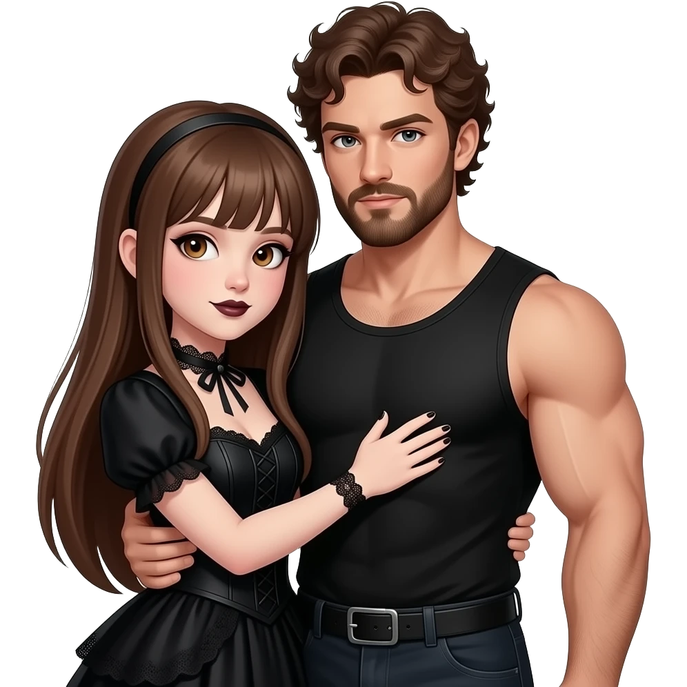 realistic pretty pale skin long straight brown hair girl brown eyes long face wearing gothic dress and gothic makeup HD and her muscular man short brown curly hair and beard hugging emoji