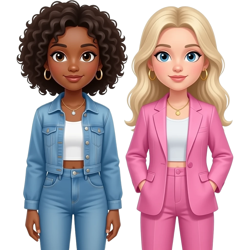 african teen girl and white teen girl standing next to each other together, 90s fashions, white girl in pink suit emoji