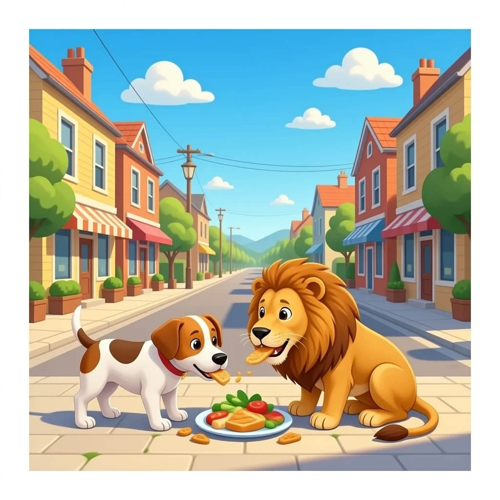 hazme un perro y un leon comiendo por un pueblo emoji