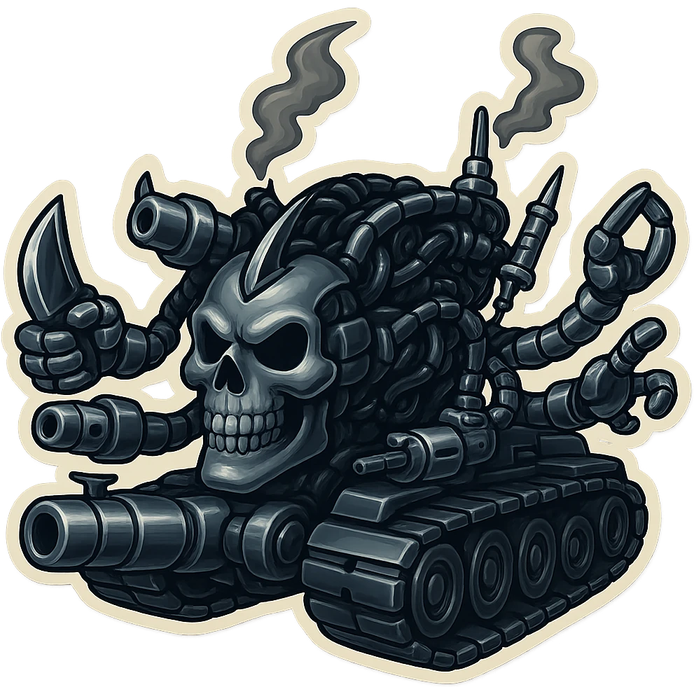 A skull robot tank with 4 distinct arms, each hand holding a different weapon: a large industrial blade, a blaster, a menacing syringe, and a claw. The exterior metal is extra shiny silver grey, inside cables and tech almost black. Smoke from the top is dark shaded. The skull face is smaller, dropped down and forward, and the overall proportions match the attached reference. Retro stickers style, clean outline, transparent background. emoji