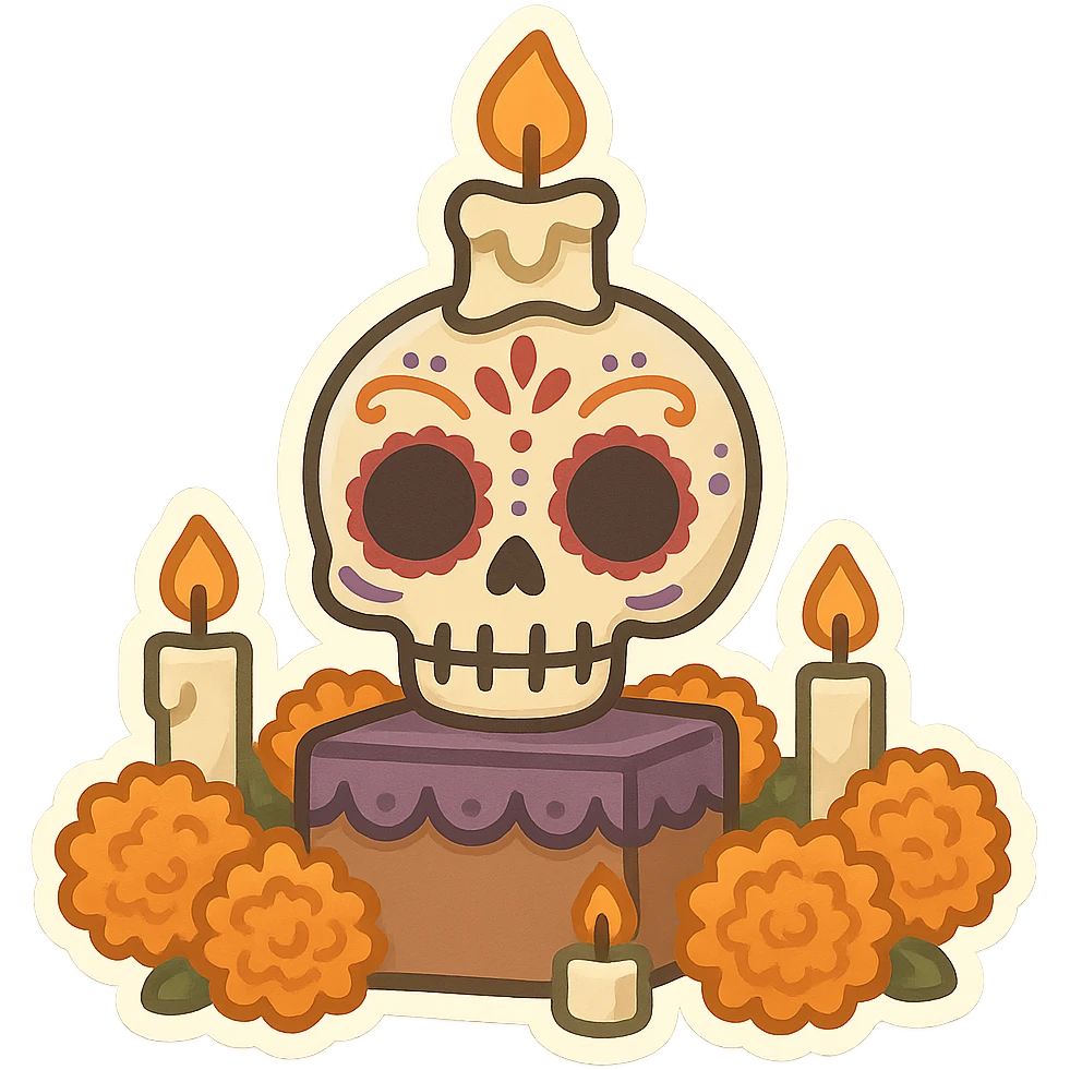 一个亡灵节的台子，台子周围是一些万寿菊和蜡烛，台子上面是一个带有亡灵节妆容的骷髅头，头顶上有一个蜡烛 emoji