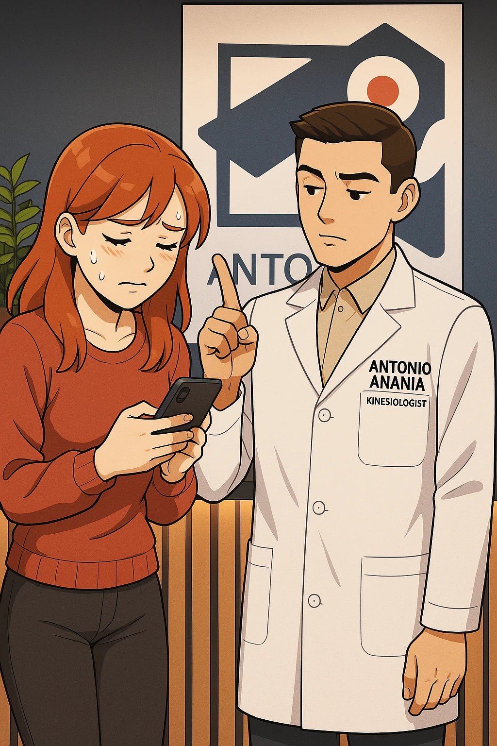 su questo stile fai un manga/webtoon a colori in cui una donna CONTROLLA LO SMARTPHONE MENTRE PARLA CON L'UOMO, l'uomo della foto in stile manga LE DICE DI "NO" CON IL DITO, mantieni un ambiente simile alla foto che ho allegato con il suo logo (sarebbe il suo studio, lui è un kinesiologo), scrivigli "ANTONIO ANANIA" sul camice bianco, non mettere fumetti, ma fai in modo che sembri che la donna CONTROLLI LO SMARTPHONE E L'UOMO CON I GESTI LE FACCIA CAPIRE CHE STA SBAGLIANDO emoji