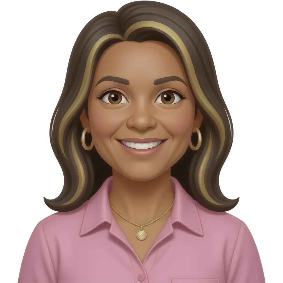 woman in early 50s, olive skin lighter skin. long straight longer hair dark hair with blonde highlights, with side parting, with hoop earrings and necklace, open smile, pink shirt with collar longer hair one length emoji