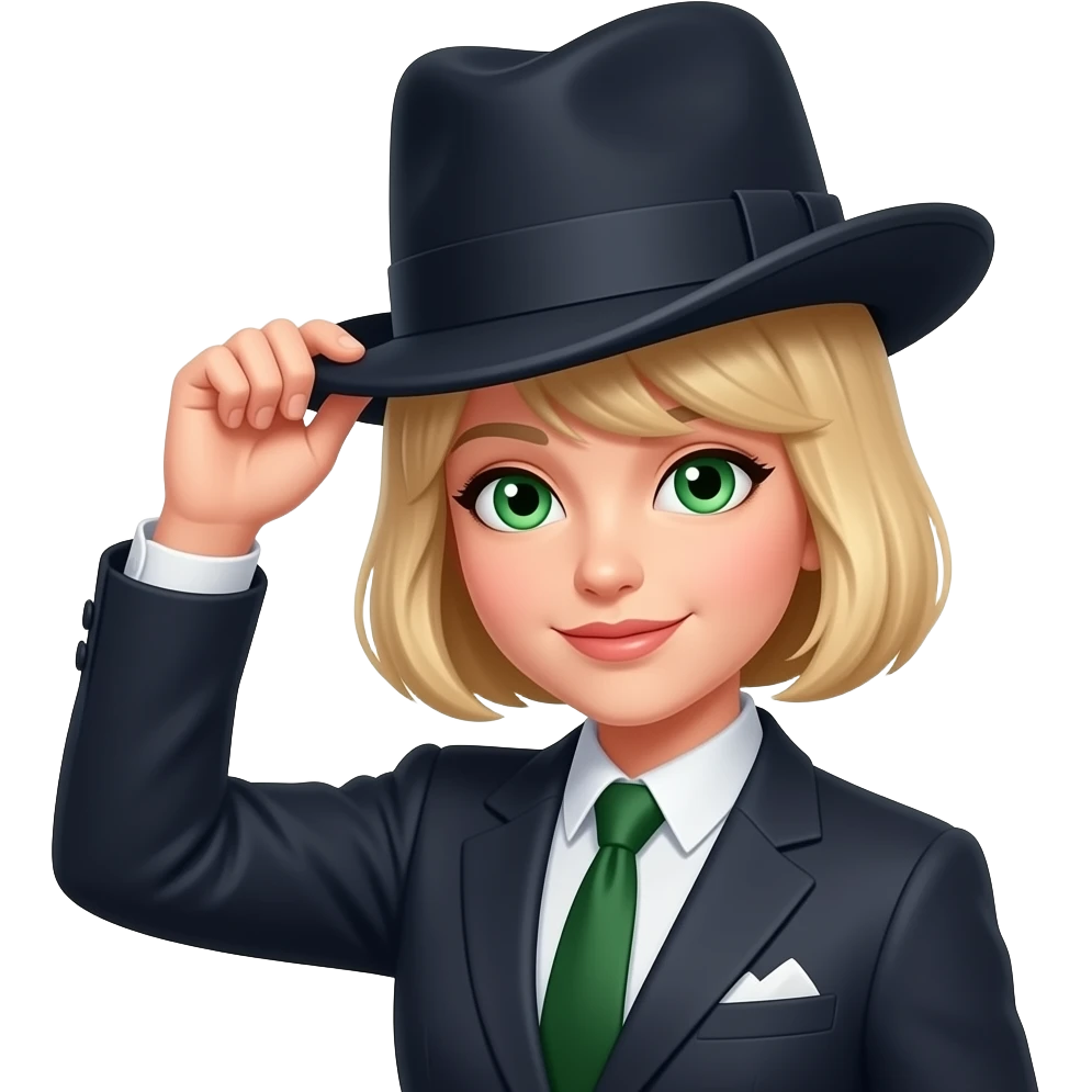 "Hat tip" more sophisticated female blond bangs woman's clothes green-hazel eyes emoji